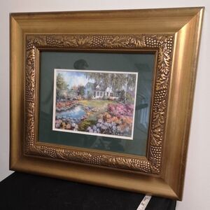 Gold Ornate Framed Cottage And Floral Landscape Art Print Beautiful Green Matted